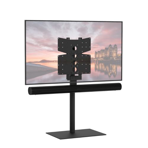 Cavus Square Vloerstandaard met Universele Soundbar Houder – Stijlvol, Stabiel & Functioneel – RVS – VESA 75x75 tot 400x400